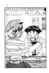  1girl cabbie_hat eating food glasses greyscale hat hatano_itsuki highres inoue_sora kido_raito monochrome official_art real_bout_high_school scan 
