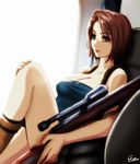  bare_shoulders blue_eyes bob_cut breasts brown_hair cleavage esther gun jill_valentine large_breasts leg_up looking_at_viewer resident_evil resident_evil_3 rifle scope short_hair sitting sniper_rifle solo strapless weapon 