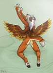  2015 anthro antlers anus aven-fawn cervine deer feathers female hair hooves horn long_hair mammal multicolored_hair peryton pig_(artist) pose pussy solo spots tailbell wings 