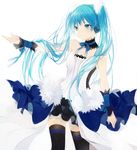  7th_dragon_(series) 7th_dragon_2020 aqua_eyes aqua_hair hatsune_miku headphones long_hair lpip outstretched_arm simple_background skirt solo thighhighs twintails vocaloid white_background 