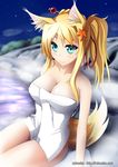  animal_ears blonde_hair blue_eyes blush breasts cleavage collarbone dated dog_days fox_ears fox_tail hair_ornament highres large_breasts long_hair looking_at_viewer mimelex night onsen ponytail signature sitting sky smile solo star star_(sky) tail yukikaze_panettone 