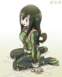  asui_tsuyu belt black_hair bodysuit boku_no_hero_academia dated frog_girl gloves green_bodysuit grey_eyes hair_rings long_hair low-tied_long_hair ogry_ching sitting soles solo tongue tongue_out webbed_feet wet white_gloves 
