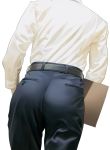  1boy ass ass_focus belt black_pants dutch_angle file male_focus original pants salaryman shirt simple_background solo wadani_hitonori walking white_background white_shirt 