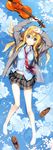  :3 absurdres barefoot blazer blonde_hair blue_eyes blue_sky cherry_blossoms day from_above full_body highres huge_filesize instrument jacket kantoku loafers long_hair looking_at_viewer lying miyazono_kawori navel necktie on_back partially_submerged petals reflection ripples scan school_uniform shigatsu_wa_kimi_no_uso shoes shoes_removed sky solo violin 