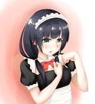  black_hair blush bow bowtie green_eyes looking_at_viewer low_twintails maid maid_headdress miken portrait red_bow red_neckwear shirobako simple_background solo twintails yasuhara_ema 