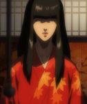  black_hair breasts grey_eyes highres japanese_clothes kimono kuromitsu kurozuka long_hair red_lipstick screencap solo vampire 