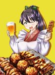  ;d alcohol anchor_print anchor_symbol apron beer commentary_request food houshou_(kantai_collection) japanese_clothes kantai_collection kappougi meat one_eye_closed open_mouth ponytail smile solo wa_maid yakitori yuzu_momo 