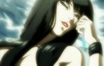  1girl black_hair grey_eyes highres kuromitsu kurozuka long_hair red_lipstick screencap solo vampire 