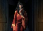  black_hair grey_eyes highres japanese_clothes kimono kuromitsu kurozuka long_hair red_lipstick screencap solo stitched vampire 