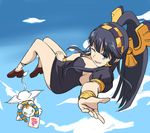  black_hair blue_eyes cloud day den_(kur0_yuki) dress dress_tug evolution floating food foreshortening hair_tubes hairband high_ponytail legs looking_at_viewer midair mouth_hold nephthys_(p&amp;d) no_socks one_eye_closed outstretched_hand ponytail puzzle_&amp;_dragons shoes sky solo sphinx sphinx_(p&amp;d) thighs toast winged_hairband wings wristlet 