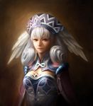  ag+_(atelieriji) blue_eyes breasts cape hat head_wings headdress highres md5_mismatch medium_breasts melia realistic silver_hair solo upper_body white_hair xenoblade_(series) xenoblade_1 
