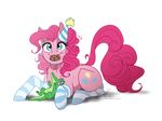  2015 alligator blue_eyes clothing cookie dennybutt duo earth_pony equine female feral friendship_is_magic fur gummy_(mlp) hair hat horse legwear male mammal mouth_hold my_little_pony party_hat pink_fur pink_hair pinkie_pie_(mlp) plain_background pony reptile scalie socks striped_legwear white_background 