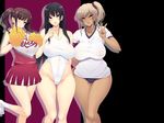  3girls bare_shoulders black_hair blue_eyes blush breasts brown_eyes brown_hair buruma cameltoe cheerleader curvy dark_skin kyonyuu_jk_ga_ojisan_chinpo_to_jupojupo_iyarashii_sex_shitemasu large_breasts long_hair looking_at_viewer lunatic_orgasm multiple_girls pom_poms see-through smile standing swimsuit twintails v wide_hips 