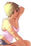  armpits backlighting bare_shoulders breasts camisole cleavage collarbone foo_fighters green_eyes green_hair jojo_no_kimyou_na_bouken looking_at_viewer medium_breasts nanatsudogychou short_hair short_shorts shorts solo tank_top very_short_hair 