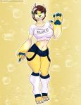  anthro blue_eyes breasts clothed clothing feline female fur hair mammal navel saber-toothed_cat sabertooth_(disambiguation) skylosminkan solo spots yellow_fur 