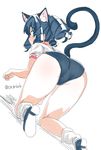  animal_ears ass black_hair blush buruma cat_ears cat_tail commentary curly_hair cyan_(show_by_rock!!) extra_ears green_eyes loose_socks nape paw_pose pointy_ears rkrk shadow show_by_rock!! simple_background socks solo tail underwear 