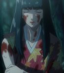  black_hair blood grey_eyes highres japanese_clothes kimono kuromitsu kurozuka long_hair red_lipstick screencap solo vampire 