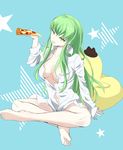  bad_id bad_pixiv_id barefoot blue_background bottomless breasts c.c. cheese-kun cheese_trail cleavage code_geass collarbone den_(kur0_yuki) dress_shirt eating fedora feet food full_body green_hair hat holding holding_food holding_pizza indian_style knees legs long_hair medium_breasts naked_shirt open_clothes open_shirt pizza shirt sidelocks simple_background sitting slice_of_pizza solo star starry_background toes very_long_hair yellow_eyes 