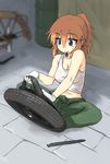  blue_eyes blurry breasts charlotte_e_yeager cleavage covered_nipples depth_of_field gloves ground_vehicle hair_up highres indian_style jumpsuit long_hair makaze_(t-junction) medium_breasts moped motor_vehicle mouth_hold orange_hair pants ponytail shirt sitting solo strike_witches sweat tank_top taut_clothes taut_shirt tire white_gloves world_witches_series 