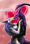  &lt;3 2015 anthro black_fur black_sclera blood claws couple duo eyebrow_piercing facial_piercing female fur gilgash male nose_piercing nude piercing pink_background plain_background purple_fur rain_silves scar sergal smile teeth warpaint white_fur yellow_eyes 