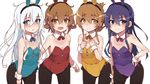  &gt;:) :d akatsuki_(kantai_collection) animal_ears black_hair blue_eyes blue_leotard blush brown_eyes brown_hair bunny_ears bunnysuit detached_collar fake_animal_ears fang folded_ponytail hair_ornament hairclip hand_on_hip hands_on_own_chest hibiki_(kantai_collection) ikazuchi_(kantai_collection) inazuma_(kantai_collection) kantai_collection leaning_forward leotard lineup long_hair matching_outfit maze_(gochama_ze_gohan) multiple_girls open_mouth pantyhose purple_leotard red_leotard short_hair silver_hair smile tail v-shaped_eyebrows wrist_cuffs yellow_leotard 