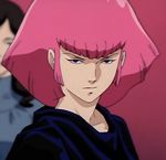  1girl cape gundam haman_karn highres lips pink_hair purple_eyes short_hair solo zeta_gundam 