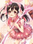  :d absurdres black_hair bow cake cake_hair_ornament dress food food_themed_hair_ornament hair_bow hair_ornament highres love_live! love_live!_school_idol_project open_mouth pink_dress racket_ti1 red_eyes short_hair smile solo staff twintails yazawa_nico 