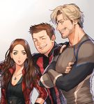  2boys avengers:_age_of_ultron beard breasts brother_and_sister brown_hair cleavage clint_barton closed_eyes crossed_arms earrings facial_hair fingerless_gloves gloves green_eyes grey_hair hawkeye_(marvel) jacket jewelry kanapy marvel medium_breasts multiple_boys necklace pietro_maximoff quicksilver scarlet_witch siblings smile wanda_maximoff 