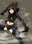  alternate_costume armor ayame_(tenchu) breasts brown_eyes brown_hair buuzen faulds fingerless_gloves fishnets gloves greaves headband japanese_armor kodachi kote large_breasts midriff navel ninja petals reverse_grip short_shorts short_sword shorts solo sword tenchuu thighhighs vambraces weapon 