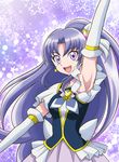  :d arm_up armpits brooch cure_fortune earrings elbow_gloves frills gloves hair_ornament hanzou happinesscharge_precure! heart heart_hair_ornament hikawa_iona jewelry long_hair magical_girl open_mouth precure purple_background purple_eyes purple_hair purple_skirt skirt smile solo sparkle star star_earrings white_gloves wide_ponytail 