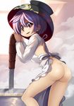  ass back bottomless bowl bowl_hat commentary_request hat highres kappougi ladle long_sleeves looking_at_viewer looking_back minigirl naked_kappougi pot purple_hair red_eyes shope solo sukuna_shinmyoumaru touhou 