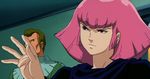  1girl cape gundam haman_karn highres lips pink_hair purple_eyes short_hair solo zeta_gundam 