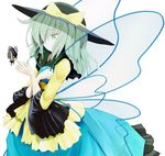  bug butterfly butterfly_wings eyeball floral_print green_eyes green_hair hat hat_ribbon insect ishikkoro komeiji_koishi long_hair long_sleeves ribbon shirt simple_background skirt solo string third_eye touhou white_background wide_sleeves wings 