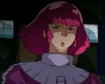  1girl gundam haman_karn highres lips pink_hair purple_eyes short_hair solo space_suit zeta_gundam 