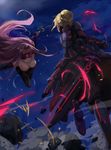  armor artoria_pendragon_(all) battle blonde_hair breasts chain dark_excalibur dark_persona dress duel fate/stay_night fate_(series) fighting_stance long_hair looking_at_another medium_breasts multiple_girls purple_hair rider saber_alter sword very_long_hair weapon werkbau 