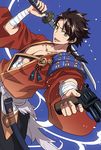  bandages brown_hair gun handgun izumi_rion japanese_clothes katana male_focus mutsu-no-kami_yoshiyuki open_mouth smile solo sword touken_ranbu weapon yellow_eyes 