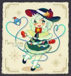  alternate_costume beard bow dated eyeball facial_hair green_eyes green_hair hat hat_ribbon heart heart_of_string komeiji_koishi merry_christmas mittens open_mouth plaid ribbon santa_hat short_hair skirt smile solo star third_eye touhou winter_clothes yonago 