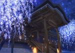  building cherry_blossoms commentary_request dark east_asian_architecture flower fox from_below lantern night night_sky no_humans original scenery shrine silhouette sky spirit stairs star_(sky) toichi_(ik07) tree wisteria 