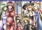  ascot bare_legs blonde_hair blue_eyes bow braid breasts cleavage detached_sleeves green_eyes green_hair grin hair_bow hair_tubes hakurei_reimu hat holding if_they_mated ips_cells kirisame_marisa kochiya_sanae large_breasts long_hair looking_at_viewer mother_and_daughter multiple_girls open_mouth pregnant red_eyes shanghai_doll short_hair single_braid smile thighhighs touhou translation_request yellow_eyes yohane yuri 