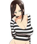  black_hair bottomless breasts brown_eyes cleavage commentary_request huge_breasts idolmaster idolmaster_cinderella_girls long_hair looking_at_viewer mukai_takumi no_panties prison_clothes shirt solo striped striped_shirt toudori 