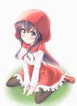  akatsuki_(kantai_collection) alternate_costume black_hair black_legwear blush kantai_collection little_red_riding_hood long_hair long_sleeves moninora pantyhose sitting smile solo wariza 