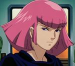  1girl cape gundam haman_karn highres lips pink_hair purple_eyes short_hair solo zeta_gundam 