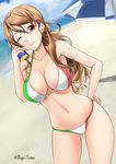  beach beach_umbrella bikini bottle breasts brown_hair cleavage cloud day flag_print fuuma_nagi hand_on_hip italian_flag italian_flag_bikini italy kantai_collection large_breasts lens_flare littorio_(kantai_collection) long_hair looking_at_viewer navel one_eye_closed outdoors ponytail print_bikini red_eyes skindentation sky smile sweat swimsuit umbrella 