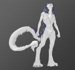  2015 anthro blood breasts claws dragontherapist erect_nipples fist fur grey_background hair long_hair looking_at_viewer navel nipples nude plain_background purple_fur purple_hair rain_silves sergal slit_pupils smile solo toe_claws tuft warpaint white_fur yellow_eyes 