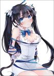  bdsm black_hair blue_eyes blue_ribbon breasts cleavage dungeon_ni_deai_wo_motomeru_no_wa_machigatteiru_darou_ka hair_ribbon hestia_(danmachi) highres long_hair looking_at_viewer medium_breasts rei_no_himo ribbon simple_background solo twintails white_background yok01 