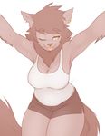  anthro bearra breasts canine clothed clothing ear_piercing facial_piercing female mammal nose_piercing one_eye_closed piercing plain_background shirt shorts tank_top thick_thighs tongue tongue_out were werewolf wolf yellow_eyes 