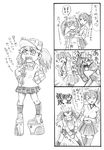  2girls 3koma angry bbb_(friskuser) breast_envy breast_punch comic flat_chest flat_chest_grab grabbing greyscale highres kaga_(kantai_collection) kantai_collection monochrome multiple_girls platform_footwear ryuujou_(kantai_collection) short_hair side_ponytail skirt standing thighhighs translated twintails visor_cap 