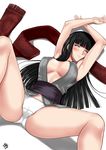  2015 arms_up bangs bare_legs black_hair blunt_bangs blush breasts crotch_seam dated head_tilt highres hyuuga_hinata large_breasts long_hair looking_at_viewer lying naruto:_the_last naruto_(series) on_back panties partially_visible_vulva scarf scarf_removed signature simple_background solo spread_legs underwear white_background white_eyes white_panties xtermination 