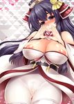  black_hair blush breasts cameltoe cleavage heart heart_hands japanese_clothes large_breasts long_hair looking_at_viewer mitsugi morioka_(oshiro_project) nipples oshiro_project smile solo 