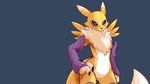  animal_ears black_sclera blue_background blue_eyes breasts claws contrapposto detached_sleeves digimon digimon_tamers fox_ears fox_tail fur furry hand_on_hip no_nipples no_pussy nude plague_of_gripes renamon small_breasts solo standing tail 